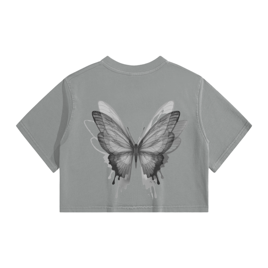 Washed Effect Butterfly Gray Crop Top