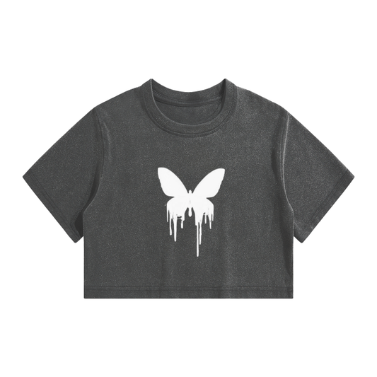 Women's Gray Crop Top With Butterfly Motif