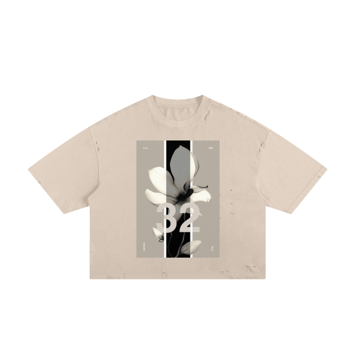 Women's Frayed Boxy Graphic Beige T-Shirt