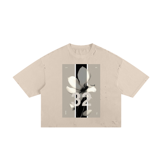 Women's Frayed Boxy Graphic Beige T-Shirt